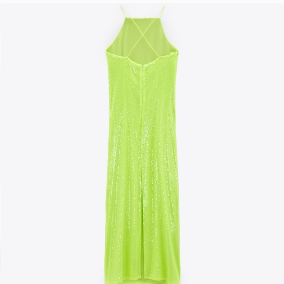 NWT ZARA Neon Green Sequin Strappy Back Square Neck Midi Dress - Picture 5 of 6